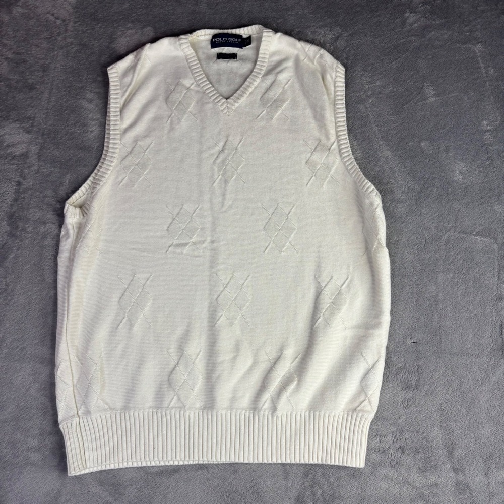 Polo Golf Ralph Lauren Sweater Vest Men M Cream Silk Blend Textured Argyle VNeck